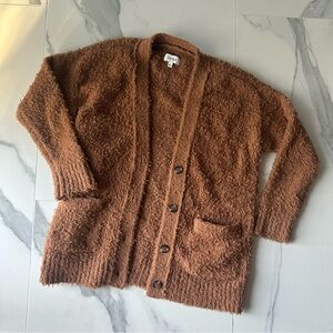 Pistola Grant Teddy Button Front Fuzzy Long Cardigan Brown Cognac Size Small